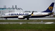 FILE PHOTO: A Ryanair Boeing 737 MAX 8-200 Aircraft prepares to take off from the Nantes Atlantique Airport in Bouguenais near Nantes, France, April 3, 2024. REUTERS/Stephane Mahe/File Photo