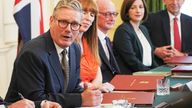 Keir Starmer chairs the first meeting of his cabinet in 10 Downing Street.
Pic:Reuters
