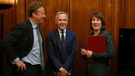 Rachel Reeves greets Bank of England's former governor Mark Carney at the start of a meeting of the National Wealth Fund Taskforce at 11 Downing Street.
Pic: Reuters