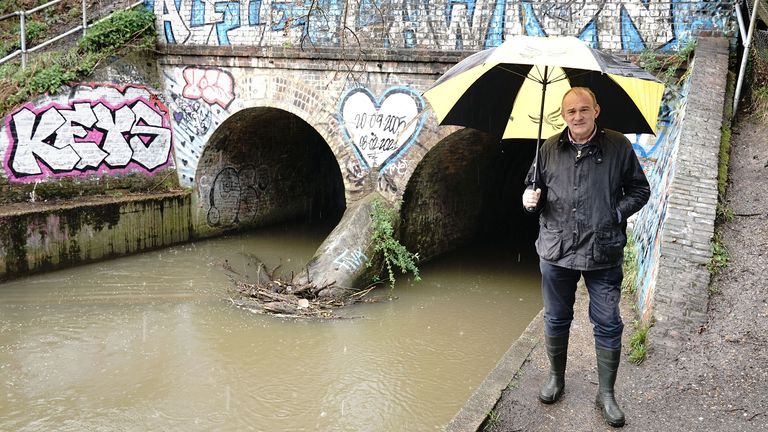 Liberal Democrat leader Sir Ed Davey by the Hogsmill River in Berrylands.
Pic: PA
