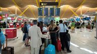 Passengers at Madrid-Barajas airport during the crash of Microsoft's security system that has caused failures at major companies around the world, July 19, 2024, in Madrid, Spain. An update problem of the cybersecurity company Crowdstrike causes the fall of Microsoft, Aena and other companies in the energy sector, banking and media. Microsoft says it is investigating the situation. 19 JULY 2024 Diego Radam..s / Europa Press 07/19/2024 (Europa Press via AP)