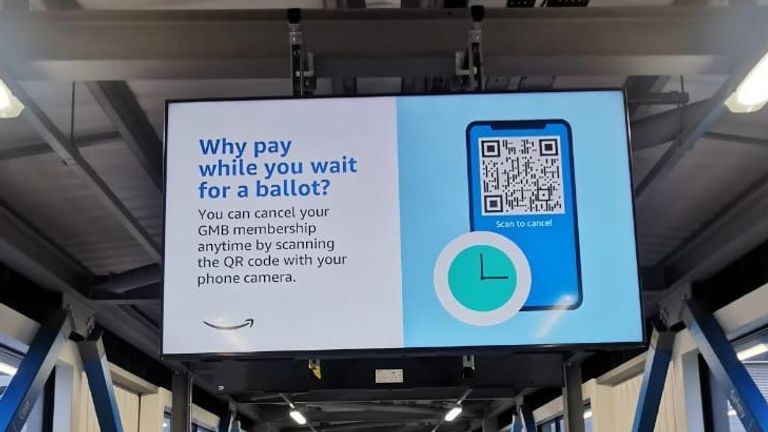 Message displayed at Amazon's Coventry site offers workers the option to cancel their GMB membership by scanning a QR code. 