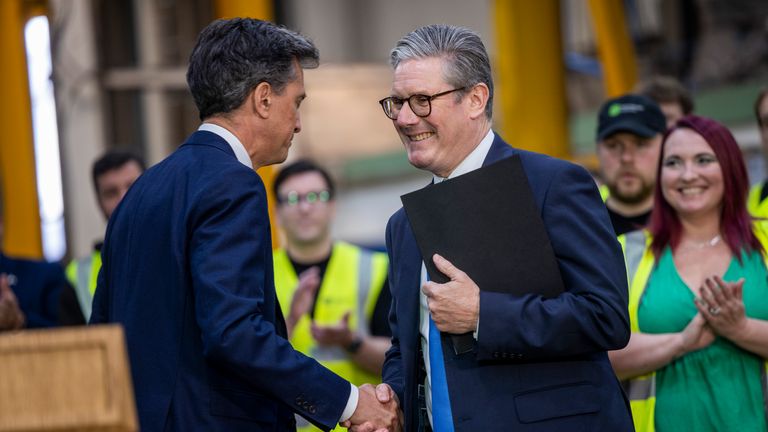 Ed Miliband and Keir Starmer during a visit to Hutchinson Engineering in Widnes, Cheshire.
Pic: PA