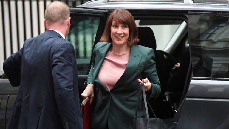 Rachel Reeves steps out of her car outside Downing Street.
Pic: Reuters