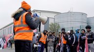 Amazon staff members on a GMB union picket line outside the online retailer's site in Coventry.
Pic: PA