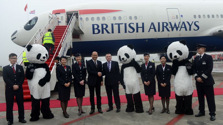 Aircrew of British Airways' BA89 flight, the first direct flight from London Heathrow to Chengdu, pose with panda models at the Shuangliu International Airport in Chengdu in southwest China's Sichuan province on Monday, September 23, 2013. British Airways launched new direct flights from London Heathrow to Chengdu in south-west China, the home of the giant panda on Monday.(Photo By Zhang Lang/Color China Photo/AP Images)