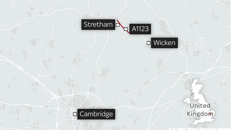 A map showing the location of the A1123 Newmarket Road near Stretham