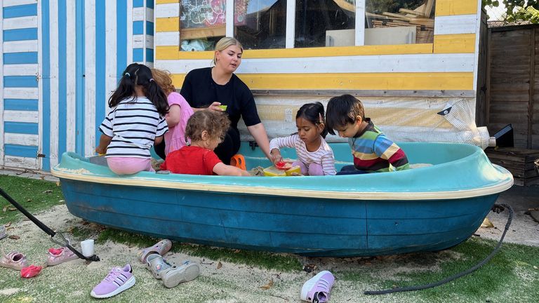 Children playing at the Playday Nursery in Caversham. Pic: Sky News