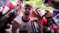 English soccer fans gather prior to a Group C match between England and Slovenia at the Euro 2024 soccer tournament in Cologne, Germany, Tuesday, June 25, 2024. (AP Photo/Markus Schreiber)