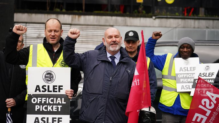 Aslef general secretary Mick Whelan on the picket line at Euston train station.
Pic: PA