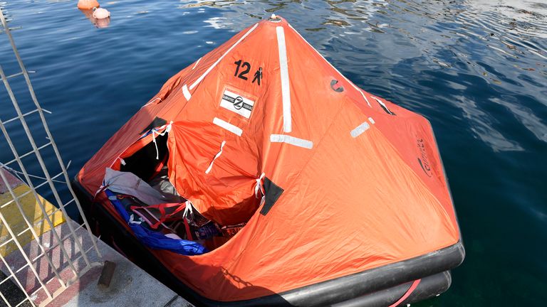 A life raft at the harbour of Porticello.
Pic: AP