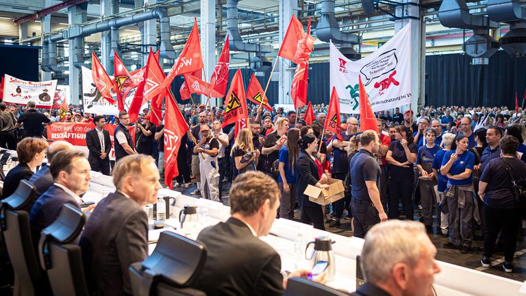 Volkswagen employees meet in Wolfsburg to hear about company fortunes and possible plant closures.
Pic: Reuters
