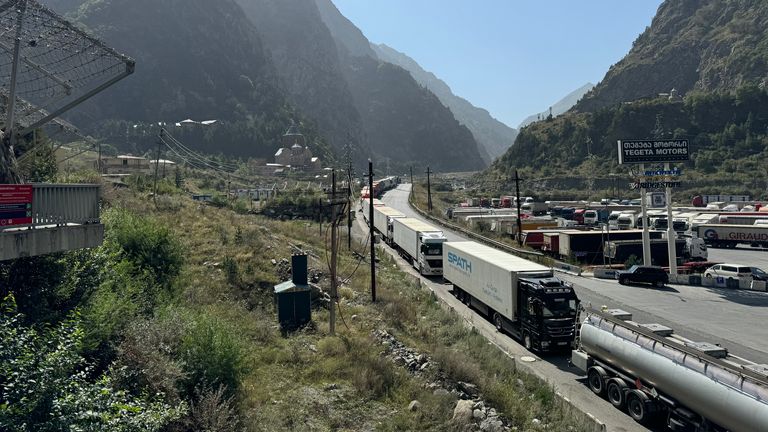 Traffic waiting to cross from Georgia into Russia