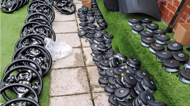 Steering wheels and fake airbags seized in the raids. Pic: City of London Police/PA