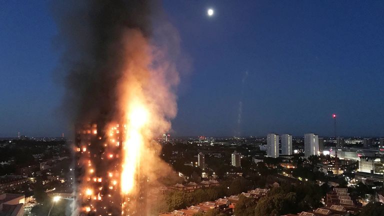 A huge fire engulfs the 24 story Grenfell Tower in Latimer Road, West London