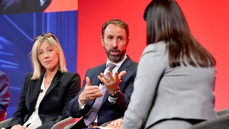 Gareth Southgate and Culture Secretary Lisa Nandy, taking part in the 'UK's creative assets: Soft power as a hard investment opportunity' discussion. 
Pic: PA