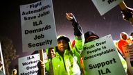 Dockworker Meikysha Wright and others strike outside the Virginia International Gateway in Portsmouth.
Pic: AP