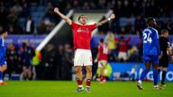 Nottingham Forest's Jota Silva celebrates at the final whistle after the Premier League match at the King Power Stadium, Leicester. Picture date: Friday October 25, 2024.