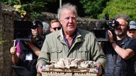 Jeremy Clarkson carrying mushrooms at the opening of his new pub, The Farmer's Dog.
Pic: PA