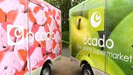 EDITORIAL USE ONLY A fleet of limited-edition Percy Pig delivery vans are unveiled as Ocado marks the arrival of the full M&S Food range to the online supermarket's website from today, September 1st.