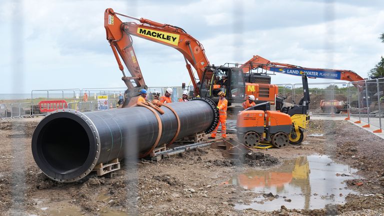 Work continues on the construction by Southern Water of a new 1km outfall pipe at which runs from Swalecliffe Wastewater Treatment Works in Kent out into the North Sea. 11 water firms in England and Wales are under scrutiny by Ofwat as part of its major investigation into whether their sewage treatment works are polluting the environment. Picture date: Tuesday July 16, 2024.