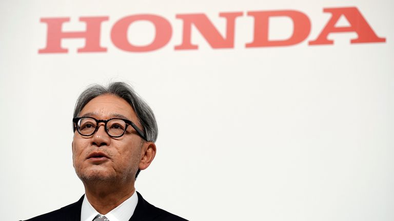 Honda Chief Executive Toshihiro Mibe speaks during a joint news conference with Nissan and Mitsubishi representatives in Tokyo, Japan, Monday, Dec. 23, 2024. (AP Photo/Eugene Hoshiko)