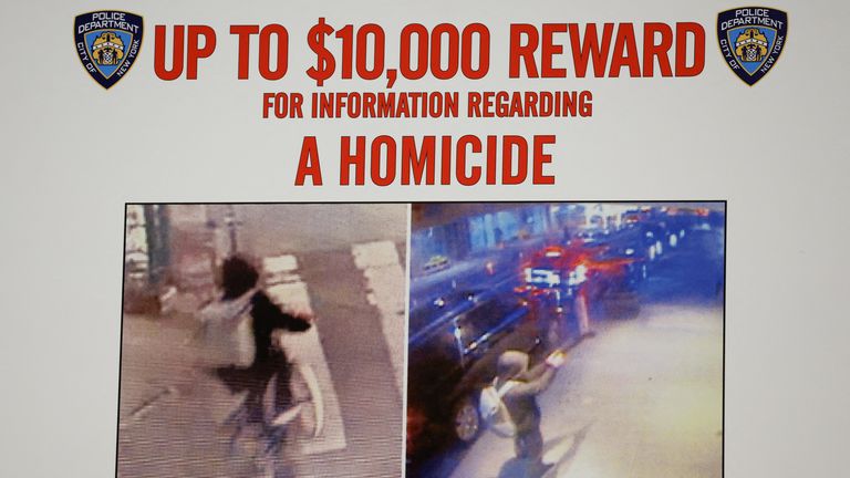 Security camera still images showing the shooter reportedly involved in killing of the CEO of United Healthcare, Brian Thompson, in Midtown Manhattan are displayed at the press conferance.
Pic: Reuters