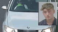 Compile of Thomas Johnson (inset) was driving a BMW while inhaling nitrous oxide from a balloon. Pics are screengrabs from Thames Valley police video (interview) and CCTV presented in court at his trial