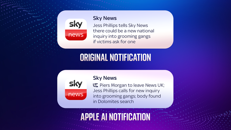 A mock-up of the two push notifications shows the original Jess Phillips headline and Apple AI's summary