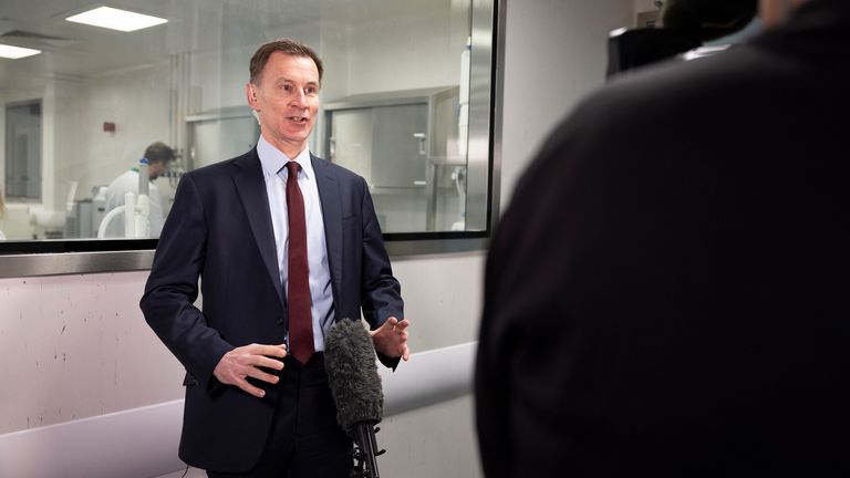 Jeremy Hunt speaks to the media during a visit to the AstraZeneca Speke Factory.
Pic: HM Treasury