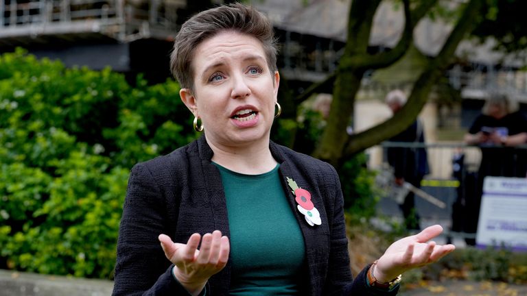 Green party co-leader Carla Denyer speaks to the media on College Green.
Pic: PA