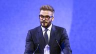 David Beckham as he receives a Crystal Award, at the 55th annual meeting of the World Economic Forum, in Davos.
Pic: AP/Michael Buholzer/Keystone