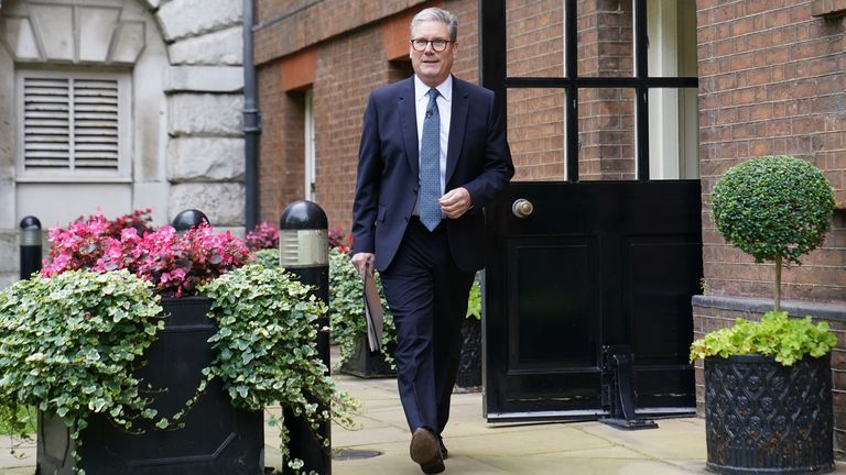 Keir Starmer arrives ahead of his speech and press conference.
Pic: PA