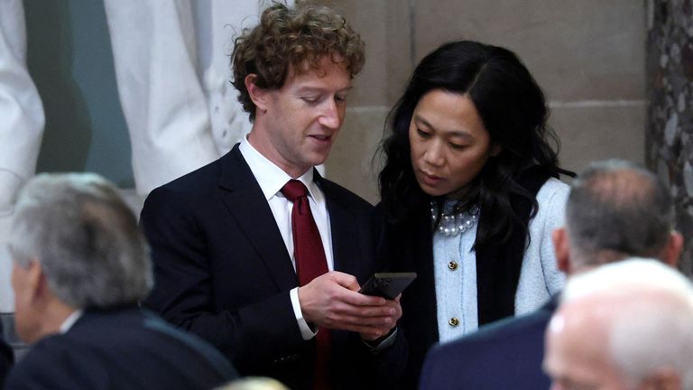 Meta CEO Mark Zuckerberg and Priscilla Chan in the Statuary Hall of the U.S. Capitol before the luncheon on the inauguration day of U.S. President Donald Trump.
Pic: Reuters