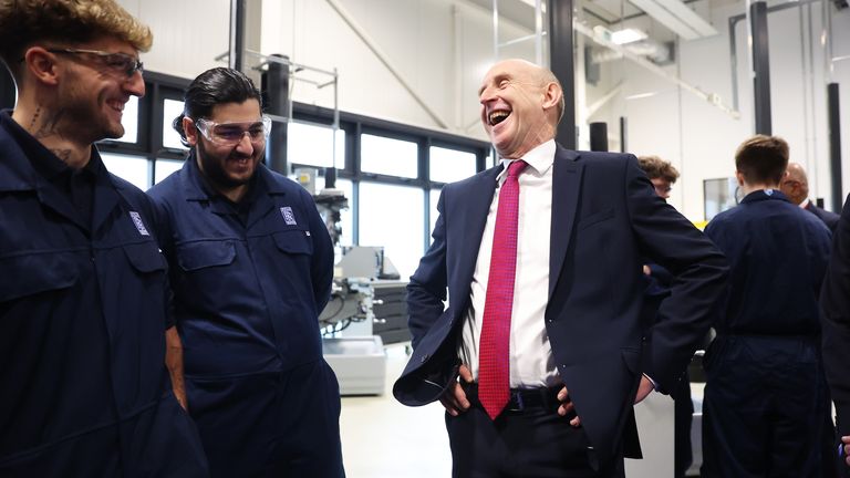 John Healey speaks to apprentices during his visit to Rolls Royce's nuclear reactor manufacturing site in Derby.
Pic: PA