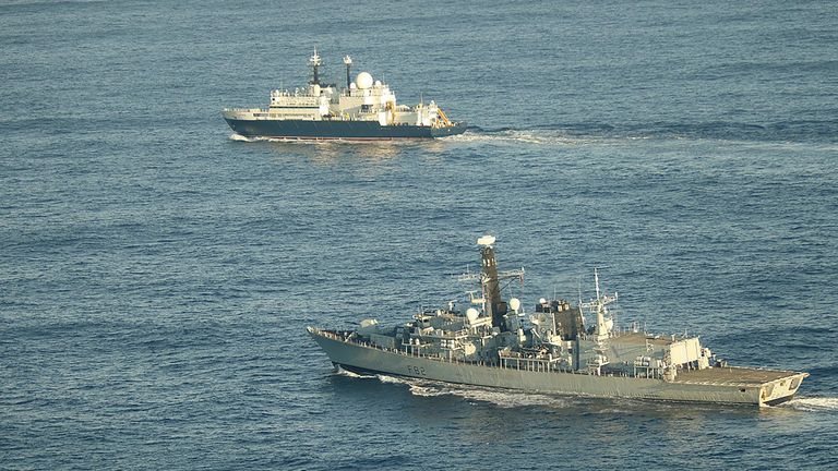 HMS Somerset flanking Russian ship Yantar near UK waters.
Pic: Royal Navy/PA