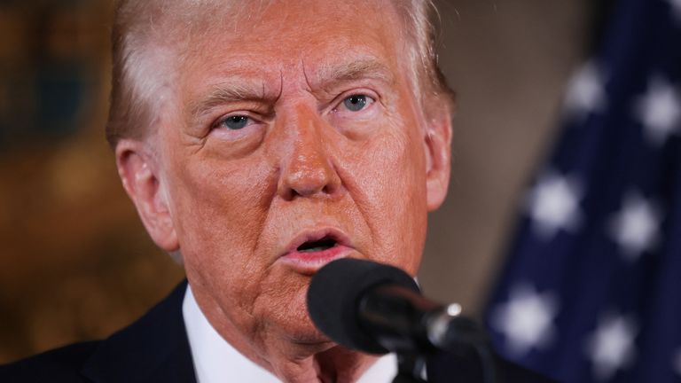 U.S. President-elect Donald Trump makes remarks at Mar-a-Lago in Palm Beach, Florida, U.S. January 7, 2025. REUTERS/Carlos Barria