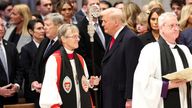 Donald Trump stands near Bishop Mariann Edgar Budde as he attends the National Day of Prayer Service at the Washington National Cathedral in Washington. Pic: Reuters