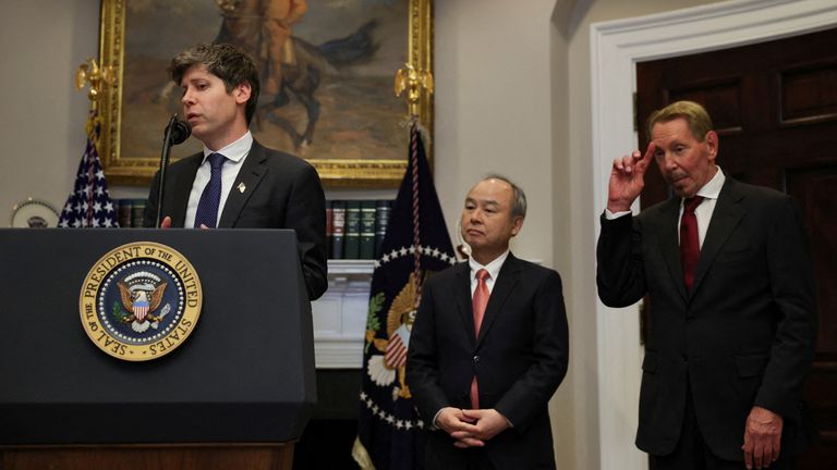 OpenAI's Sam Altman speaks at Tuesday's press conference next to Oracle co-founder Larry Ellison and SoftBank chief executive Masayoshi Son.
Pic: Reuters/Carlos Barria