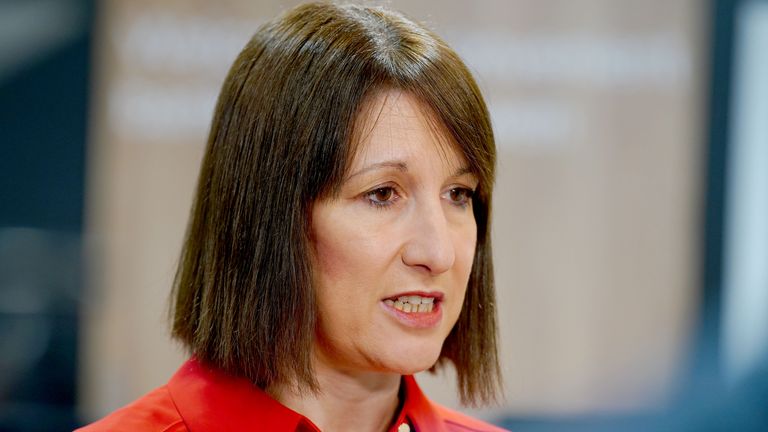 Rachel Reeves speaks to the media about the Office for National Statistics GDP stats for October during a visit to the Darwen Banking Hub in Darwen, Lancashire.
Pic: PA