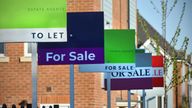 Generic For Sale and To Let Estate Agent (Real Estate Agent) signs lined up outside a UK new build housing estate

