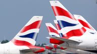 British Airways tail fins are pictured at Heathrow Airport in London, Britain, May 17, 2021. REUTERS/John Sibley