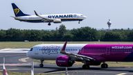 Ryanair and Wizz Air aircrafts are seen at Ferenc Liszt International Airport in Budapest, Hungary, July 9, 2024. REUTERS/Marton Monus