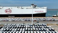 BYD electric vehicles before being loaded onto a ship in Lianyungang, China. Pic: Reuters