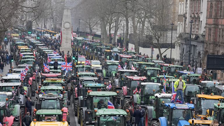 Farmers and their tractors protest in Whitehall 
Pic: PA