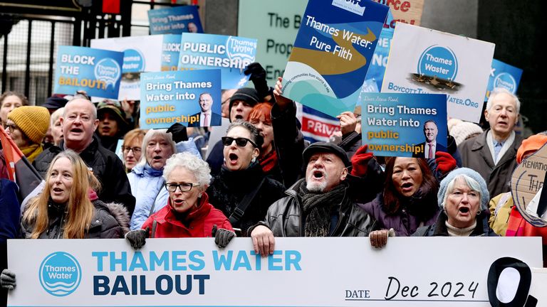 Demonstrators protest against Thames Water's bid to seek approval for its restructuring plan, at the High Court.
Pic: Reuters
