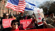 Supporters and relatives of hostages held in Gaza gather in front of the White House, as Israeli Prime Minister Benjamin Netanyahu is scheduled to meet with U.S. President Donald Trump in Washington, U.S., February 4, 2025. REUTERS/Kevin Lamarque REFILE - CORRECTING INFORMATION FROM "PRO-PALESTINIAN DEMONSTRATORS HOLD A PROTEST" TO "SUPPORTERS AND RELATIVES OF HOSTAGES HELD IN GAZA GATHER
