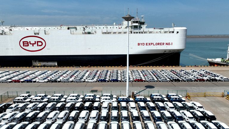 BYD electric vehicles before being loaded onto a ship in Lianyungang, China. Pic: Reuters