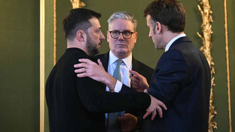 Ukraine's President Volodymyr Zelensky, Prime Minister Sir Keir Starmer and France's President Emmanuel Macron hold a meeting during a Leaders' Summit on the situation in Ukraine at Lancaster House, London. Picture date: Sunday March 2, 2025.
