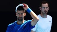 Novak Djokovic training with coach Andy Murray in Melbourne Park on Thursday. Pic: Reuters 